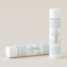 Blue Damask Cross Baptism Lip Balm Favor