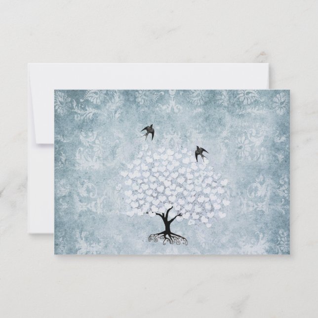 Blue Damask Heart Leaf Tree Vintage Bird RSVP (Verso)