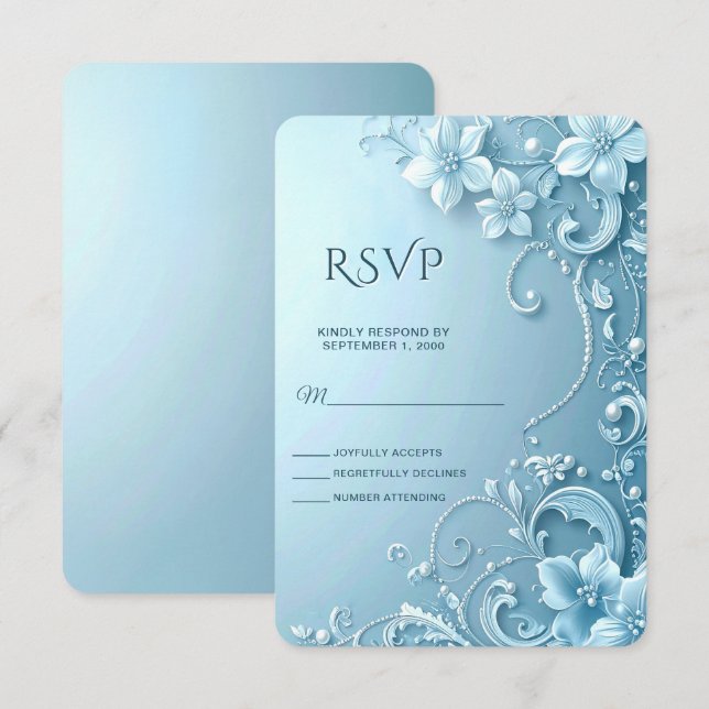 Blue Decorative Floral RSVP Card (Frente/Verso)