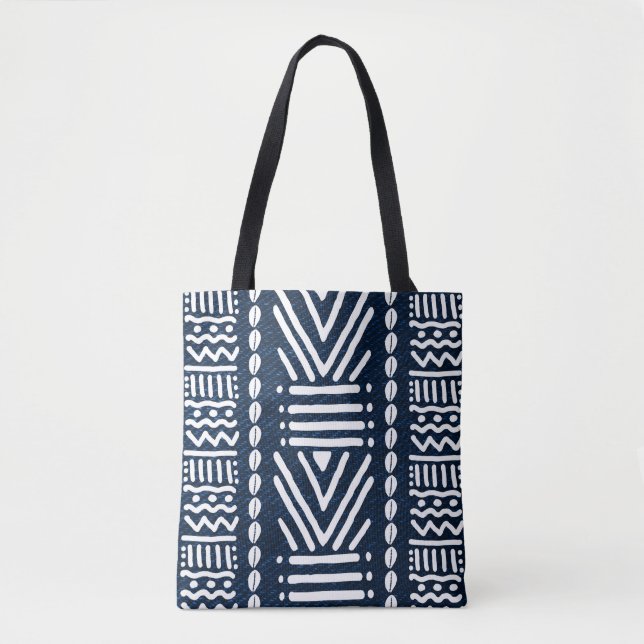 Blue Denim African Bogolan Style Design Tote Bag (Frente)