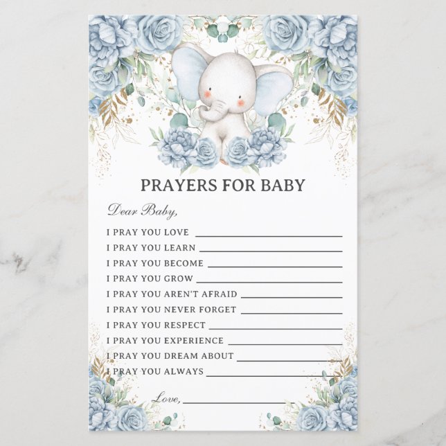 Blue Elephant Prayers for Baby Showers Activity (Frente)