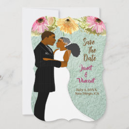 Blue Floral African American Casal Save-The-Date (