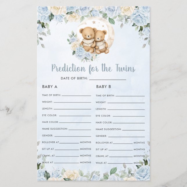 Blue Floral Baby Bears Predição para o Jogo Gêmeos (Frente)