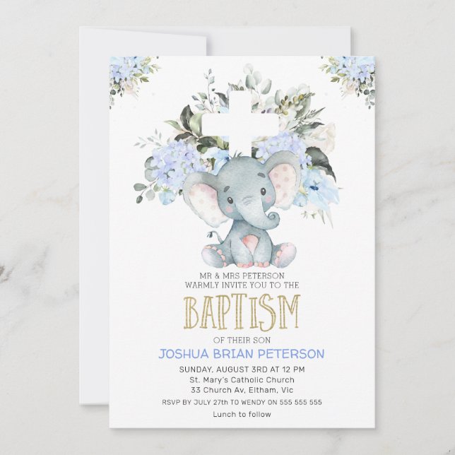 Blue Floral Baby Elephant Baptism Convite (Frente)