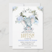 Blue Floral Baby Elephant Baptism Convite