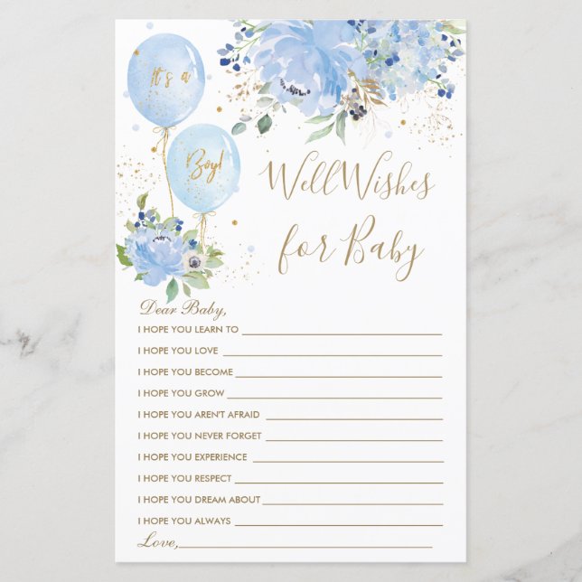 Blue Floral Balloon Boy adivinha bem deseja bebê (Frente)