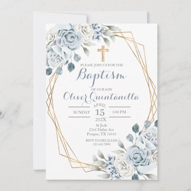 Blue Floral Baptism Convite Espanhol (Frente)
