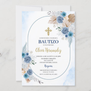 Blue Floral Bautizo Convite Espanhol