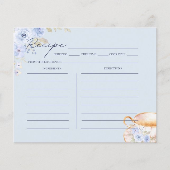 Blue Floral Bridal Shower Recipe Card  (Frente)