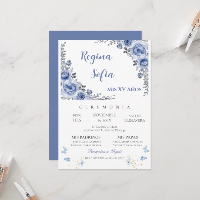 Blue Floral Butterfly Quinceanera Convite (Frente/Verso In Situ)