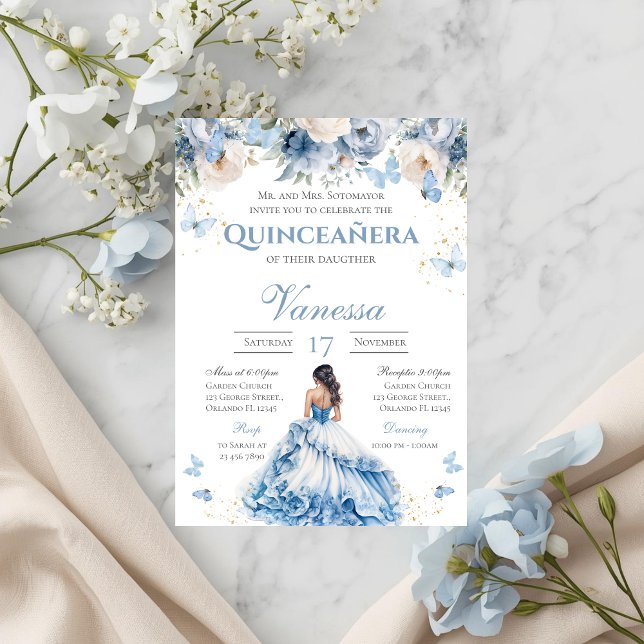 Blue Floral Butterfly Quinceanera Convite (Criador carregado)