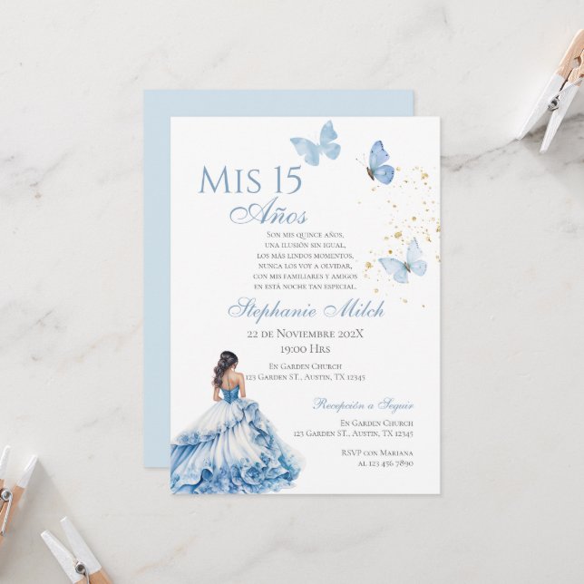 Blue Floral Butterfly Quinceanera Convite (Frente/Verso In Situ)