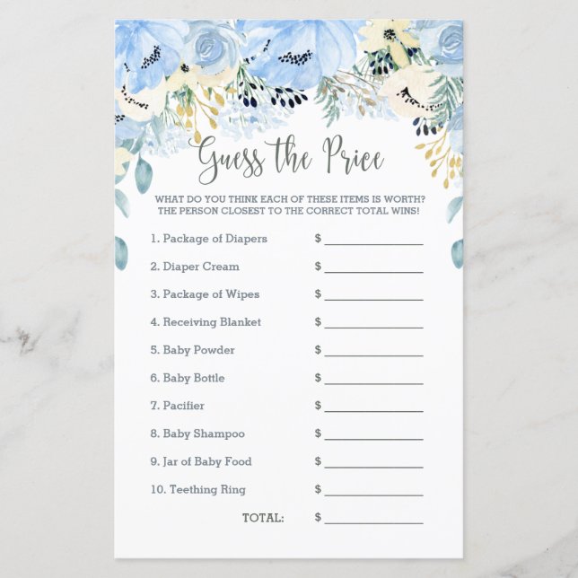 Blue Floral Chá de fraldas Game acha que o preço (Frente)