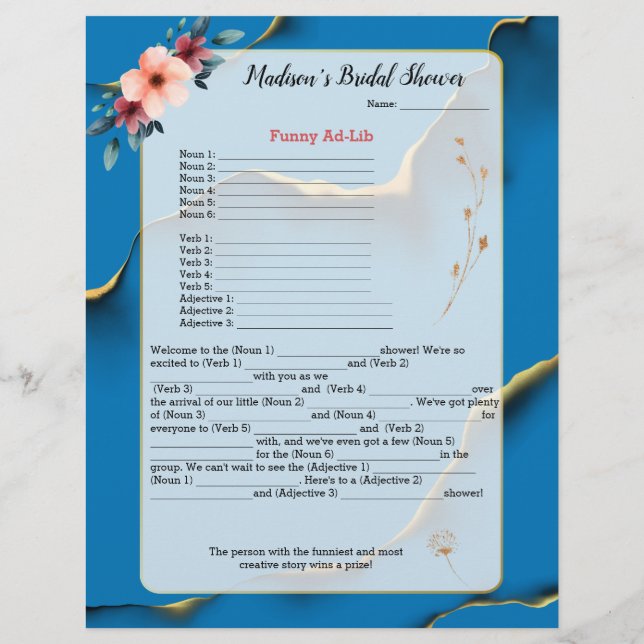 Blue Floral Chá de panela Icequebra 💕 5 Palavras  (Verso)