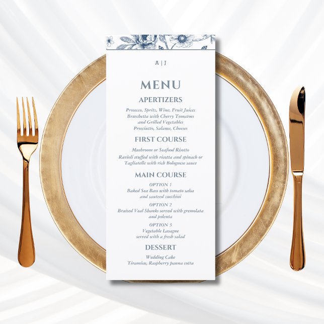 Blue Floral Chinoiserie Christian Wedding Menu (Criador carregado)