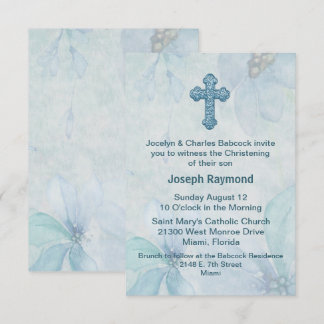 Blue Floral Cross Baby Christening Convite
