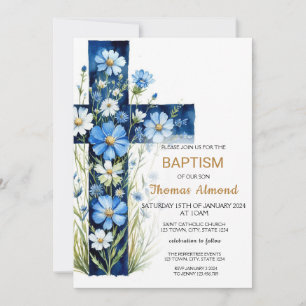 Blue Floral Cross Baptism Convite