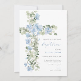 Blue Floral Cross Boy Convite Baptism