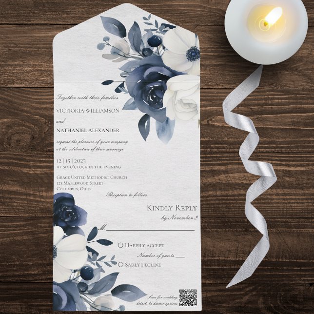 Blue Floral de inverno no código QR branco marmore (Criador carregado)
