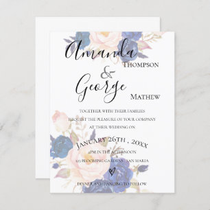 Blue Floral Faux Efeito Vellum Convite de Casament