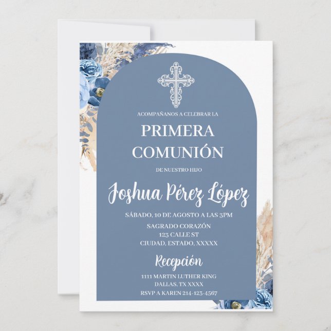 Blue Floral First Communion Convite Espanhol (Frente)