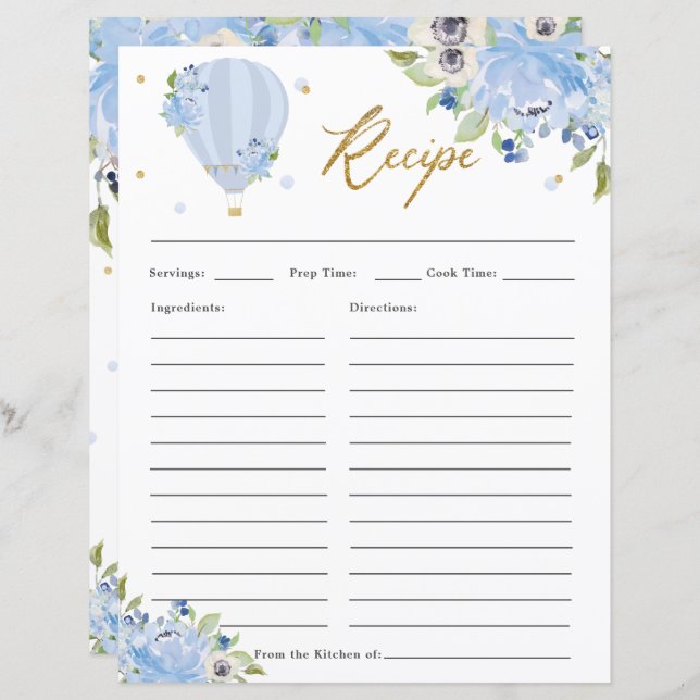 Blue Floral Hot Air Balão Bridal Traga Receita (Frente/Verso)
