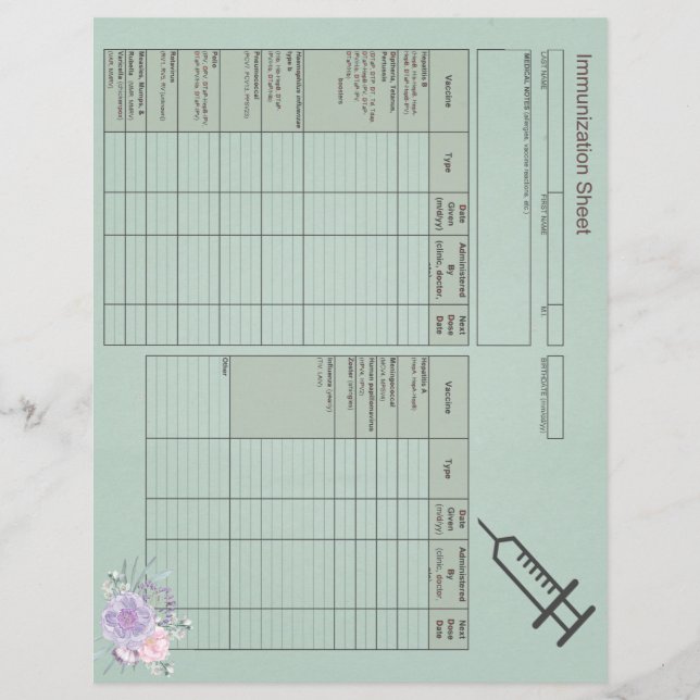 Blue Floral Immunization Records-Horizontal (Frente)