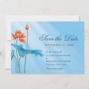Blue Floral Lotus Wedding Salvar a Data Convite