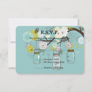 Blue Floral Mason Jars Wedding RSVP