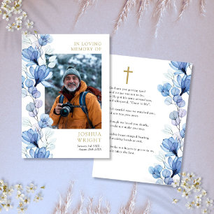 Blue Floral Memorial Funeral Cartão com fotos