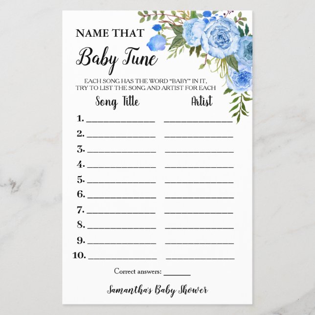 Blue Floral Name Baby Tune - Cartão de Chá de fral (Frente)