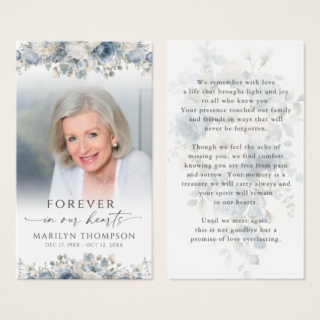 Blue Floral Photo Funeral Prayer Card (Frente & Verso)