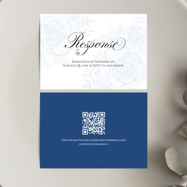 Blue Floral QR Code Wedding RSVP Calligraphy (Elegant blue floral RSVP card with calligraphy script for a timeless wedding suite)