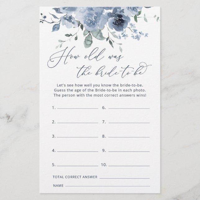 Blue Floral Quão Velho é a Noiva a Ser Jogo (Frente)