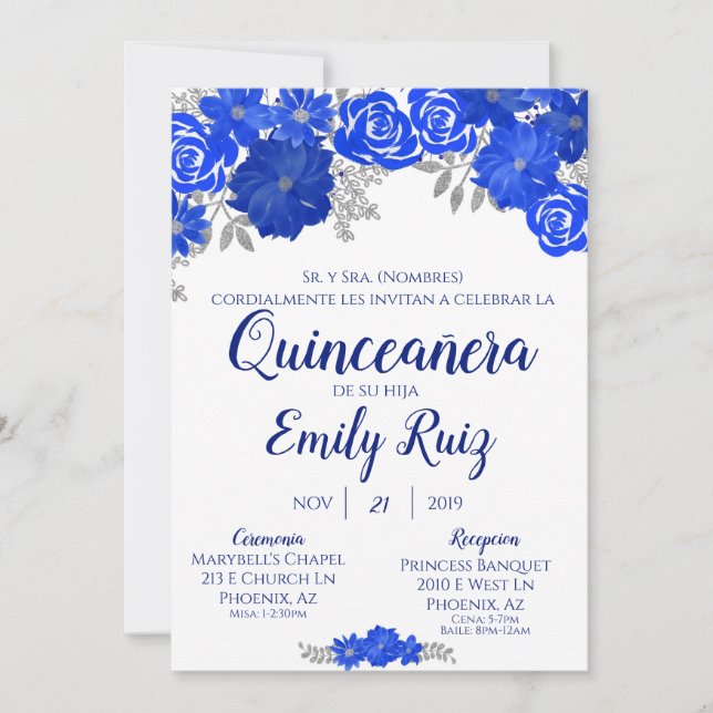 Blue Floral Quinceañera Convite Em Espanhol (Frente)