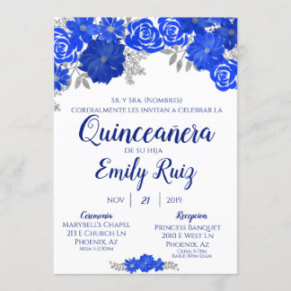 Blue Floral Quinceañera Convite Em Espanhol