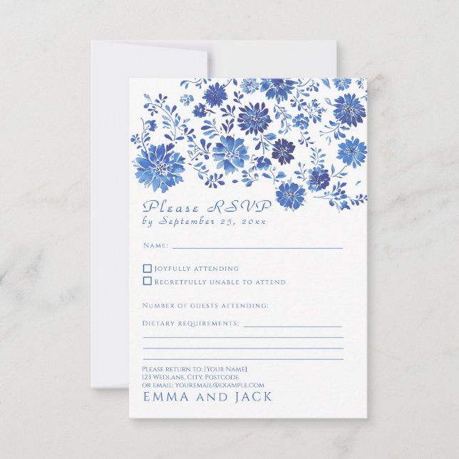 Blue Floral Toile style Wedding RSVP response Card (Frente)