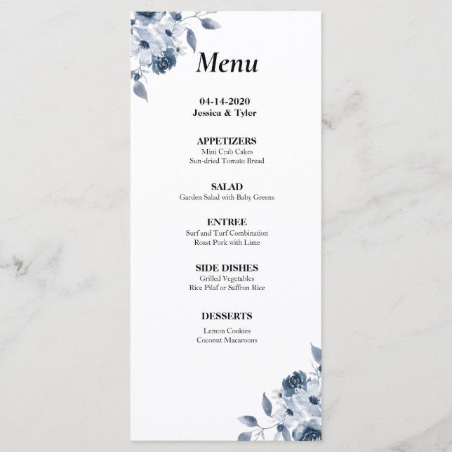 Blue Floral Watercolor Weding ou Event Menu (Frente)