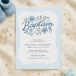 Blue Floral Wavy Edge Baptism Convite para Menino