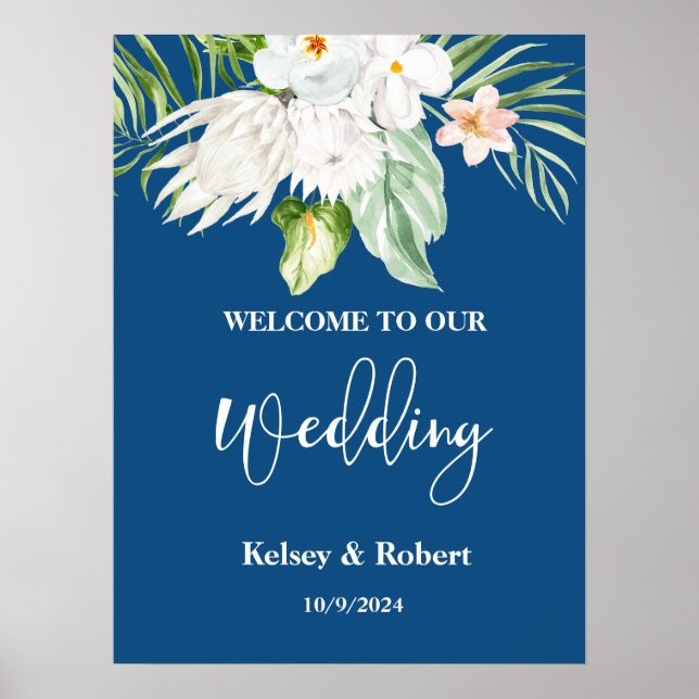 Blue Floral Welcome Sinal Poster (Frente)