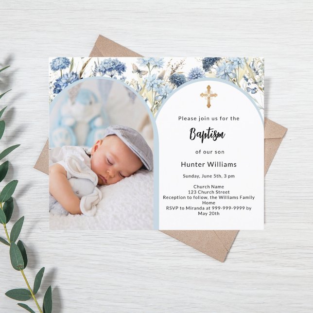 Blue florals Photo Arch boy Baptism convite (Criador carregado)
