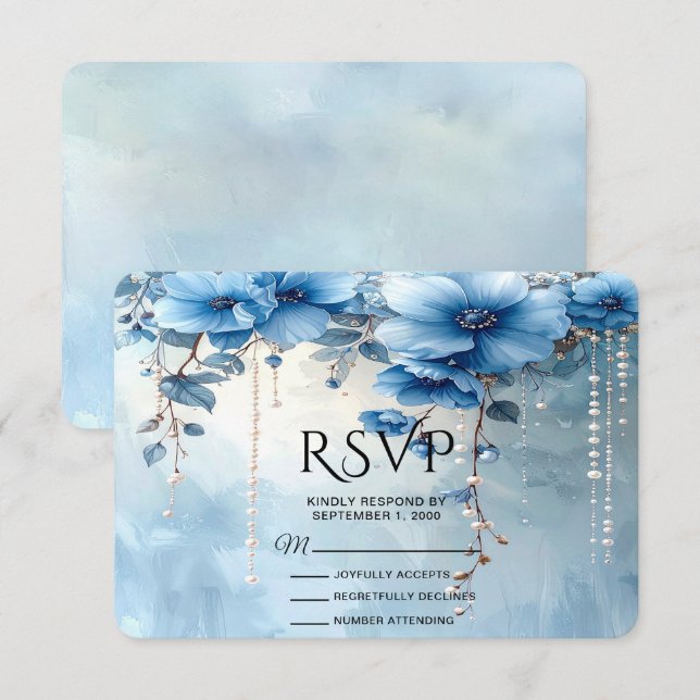 Blue Flowers and Pearls RSVP Card (Frente/Verso)