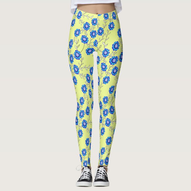 Blue Flowers on Yellow Leggings (Frente)