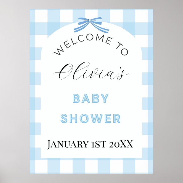 Blue Gingham Baby Shower Welcome Sign Poster  (Frente)