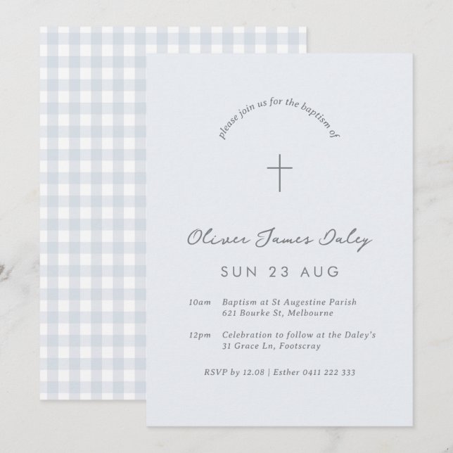 Blue Gingham Baptism Christening Convite Cruzado (Frente/Verso)