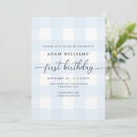 Blue Gingham Primeiro Convite de Aniversário
