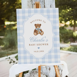 Blue Gingham Teddy Bear Baby Shower Welcome