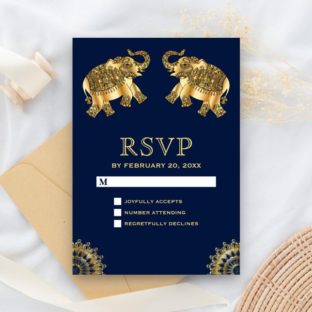 Blue Gold Elefantes Étnicos Indian RSVP (Criador carregado)