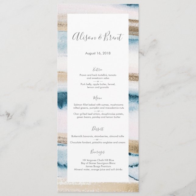 Blue gold watercolor Menu ou Program Card (Frente)