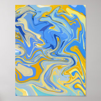 Blue Golden Yellow Fluid Marble Wall Poster